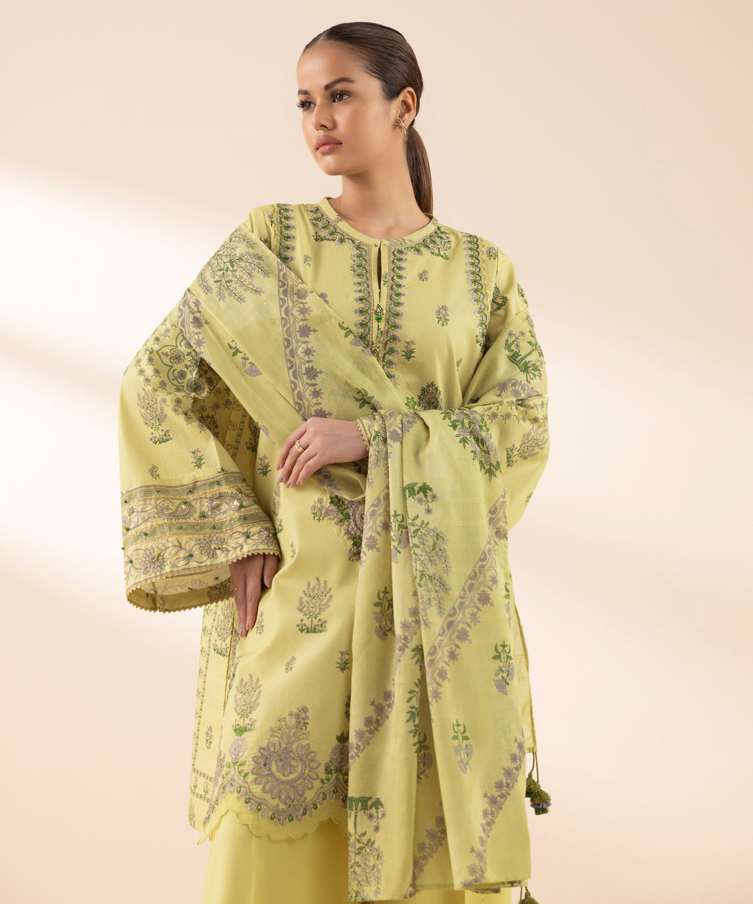 Women's Unstitched Zari Lawn Embroidered Yellow 3 Piece Suit