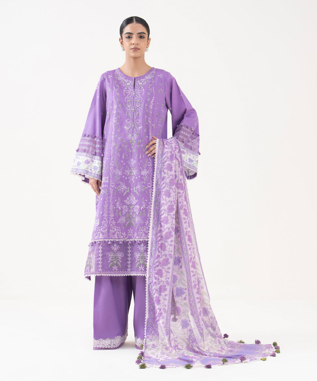 Women's Unstitched Light Cotton Satin Dyed Three Piece Suit