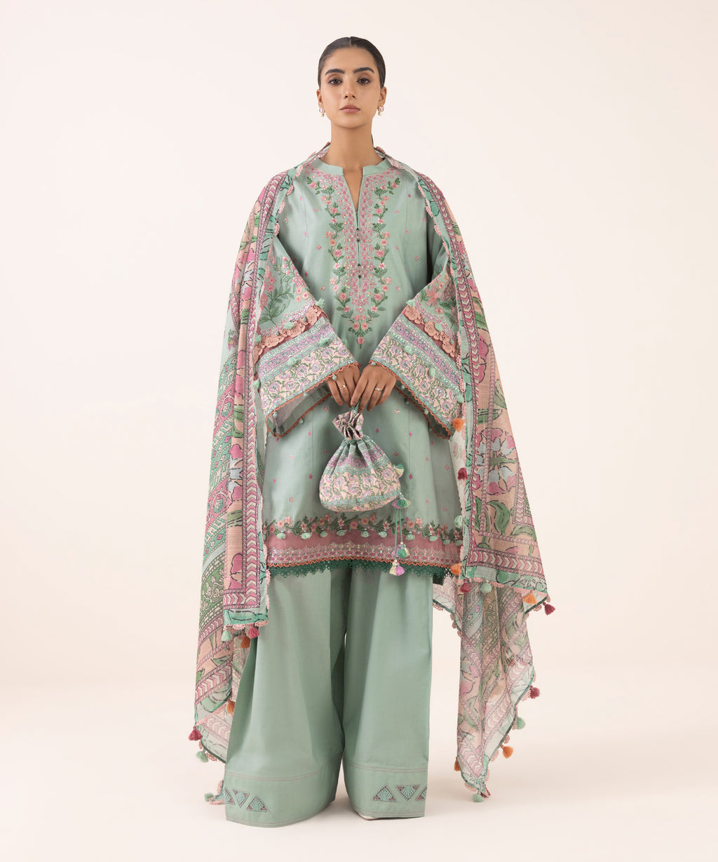 3 Piece - Embroidered Cotton Satin Suit