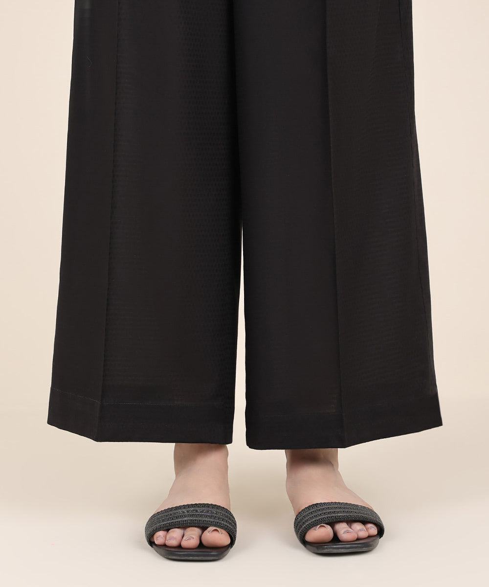 Women's RTW Textured Cotton Black Solid Flared Pants