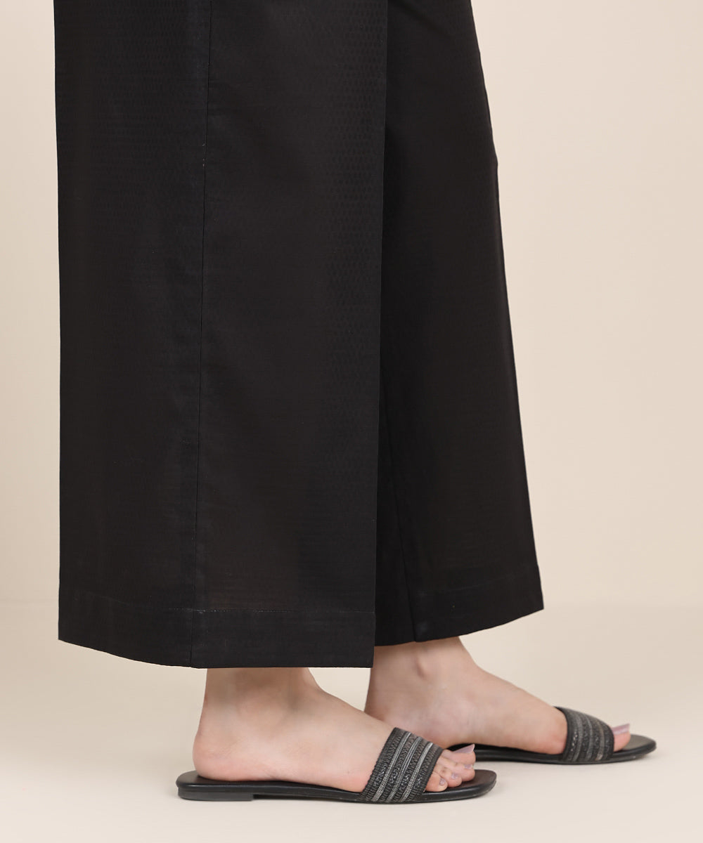 Women's RTW Textured Cotton Black Solid Flared Pants
