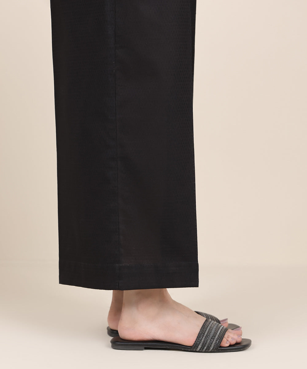 Women's RTW Textured Cotton Black Solid Flared Pants