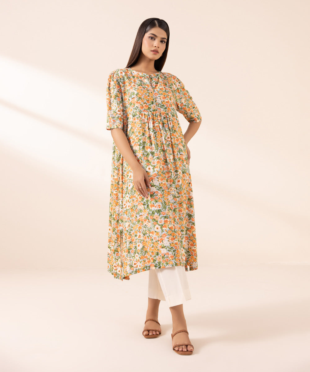 Women's Pret Arabic Lawn Orange Printed A-Line Shirt