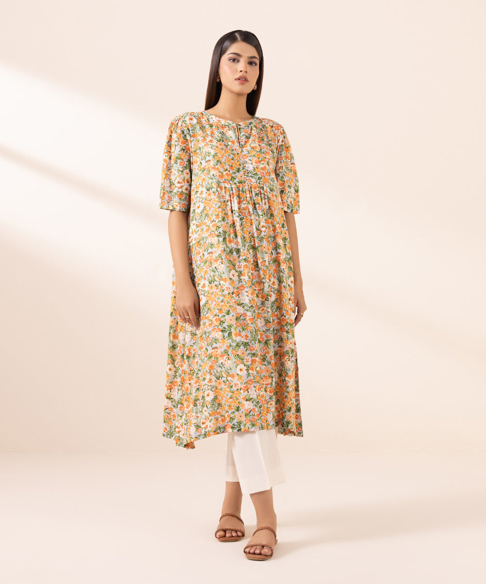 Women's Pret Arabic Lawn Orange Printed A-Line Shirt