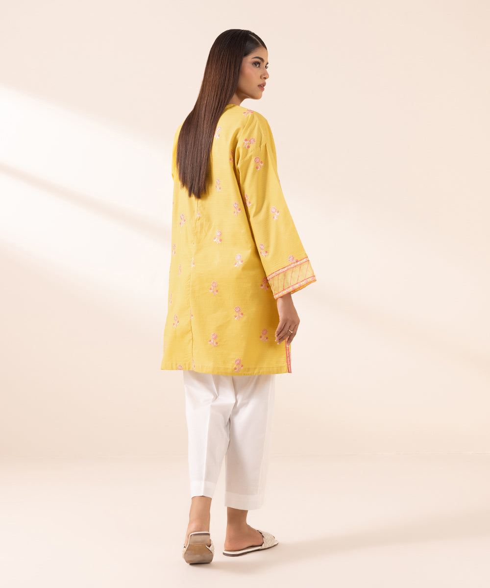 Women's Pret Dobby Yellow Embroidered Boxy Shirt