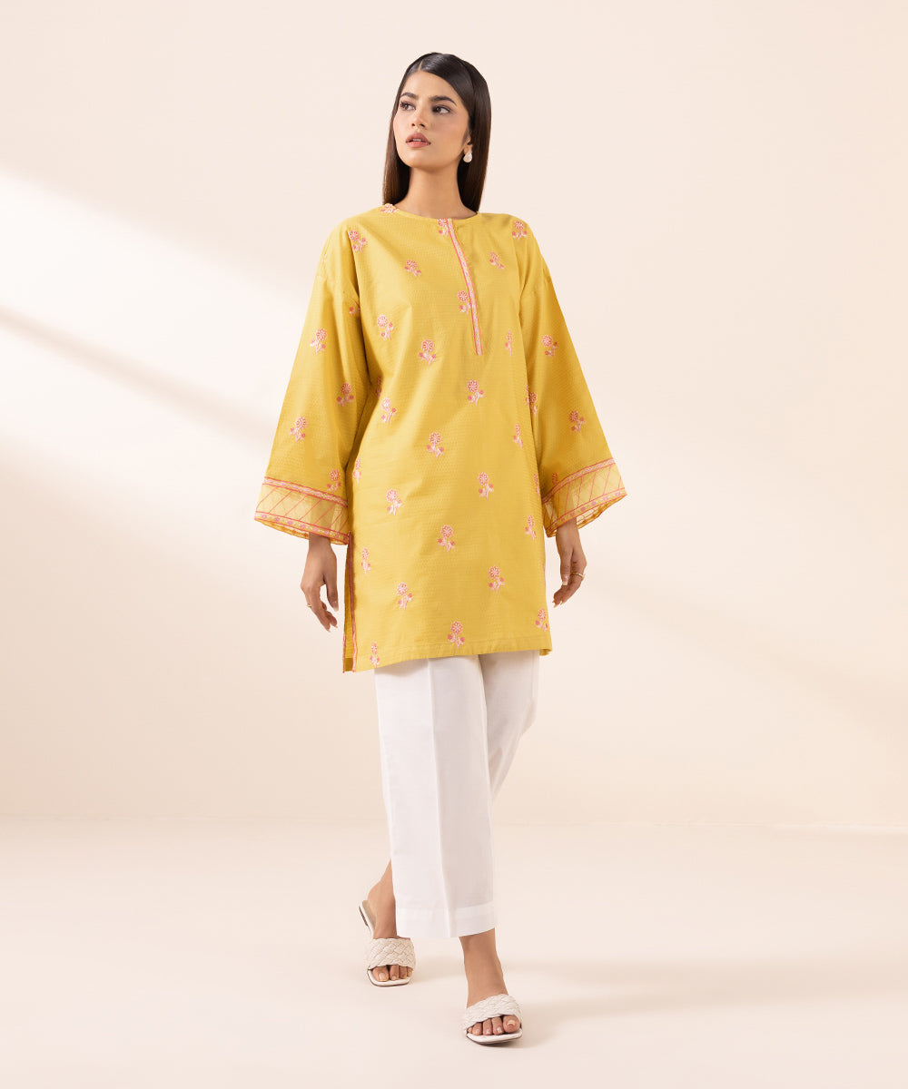 Women's Pret Dobby Yellow Embroidered Boxy Shirt