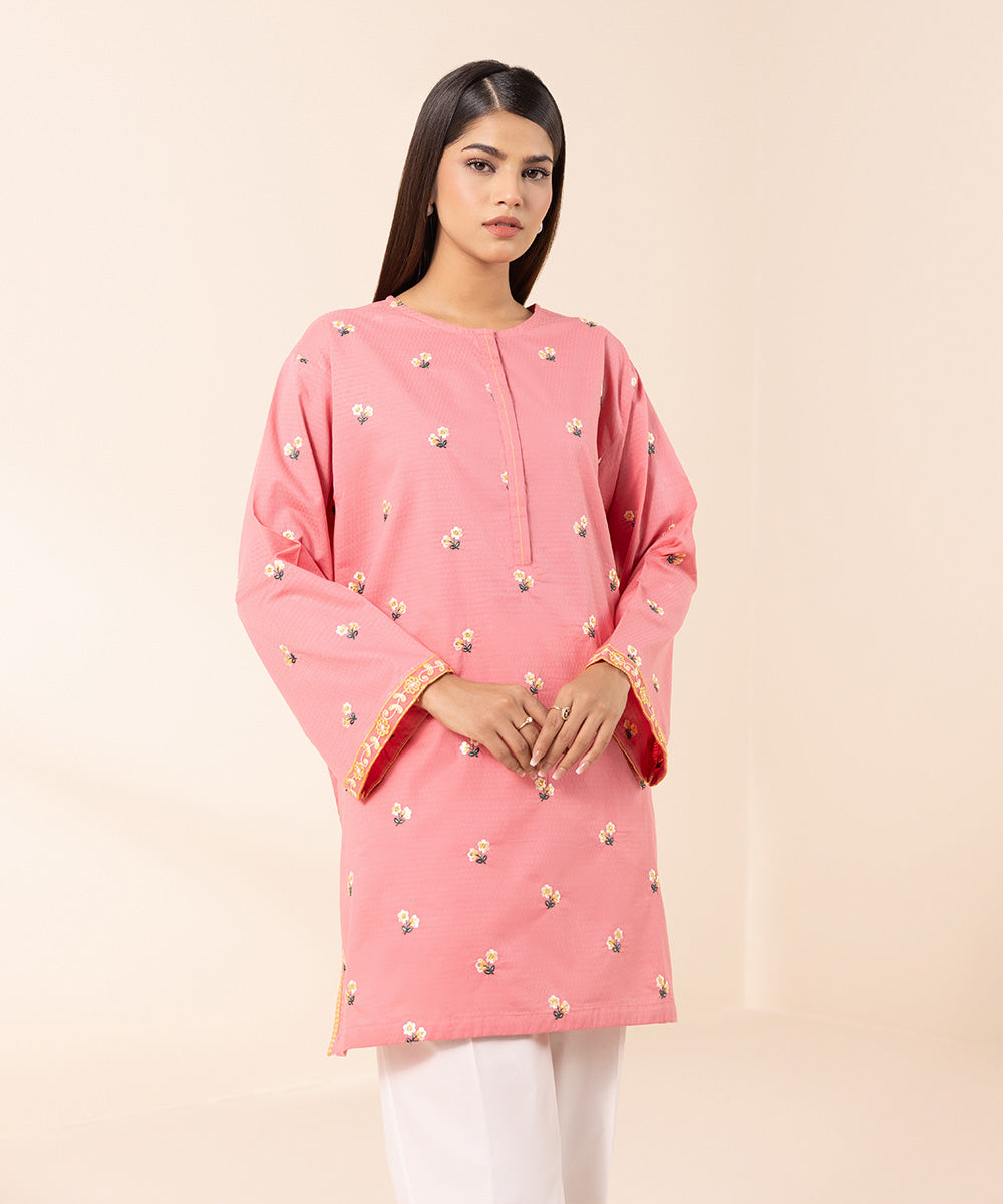 Women's Pret Dobby Pink Embroidered Boxy Shirt