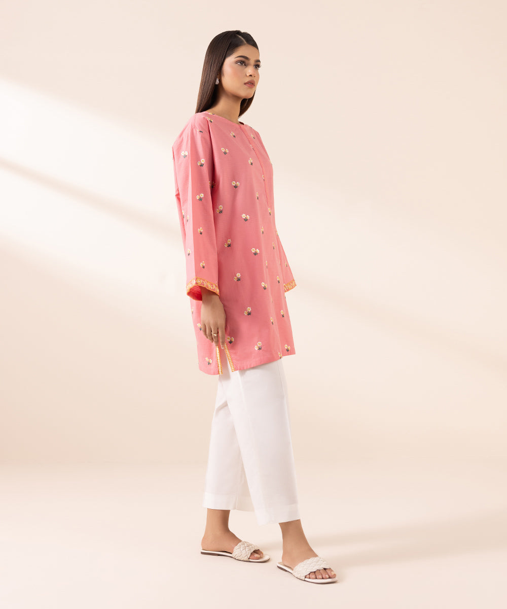 Women's Pret Dobby Pink Embroidered Boxy Shirt