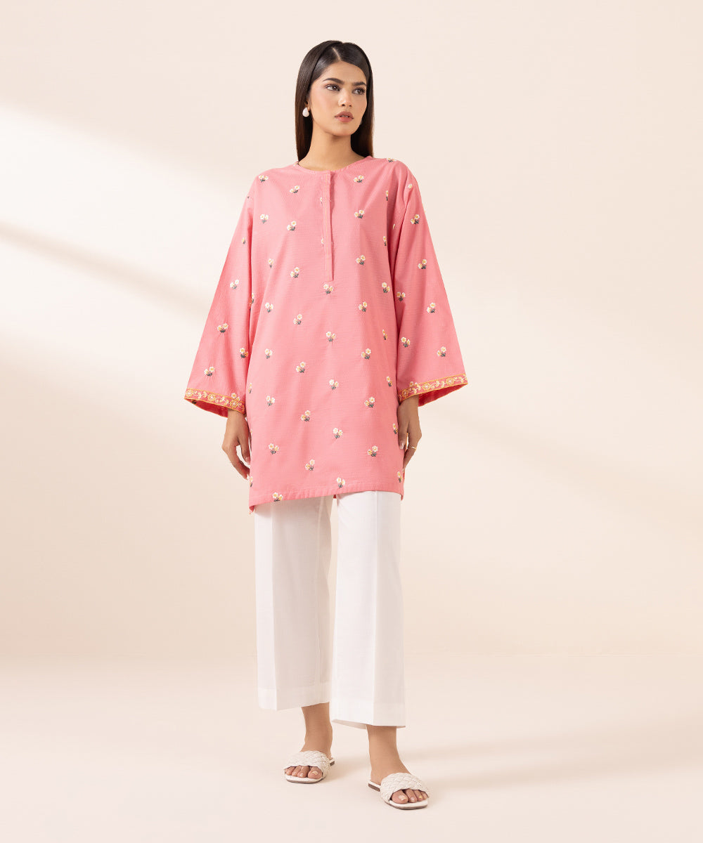 Women's Pret Dobby Pink Embroidered Boxy Shirt