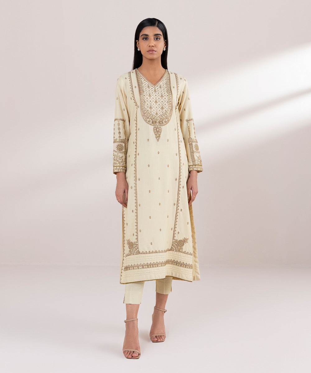 Women's Pret Raw Silk Embroidered Beige Straight Shirt