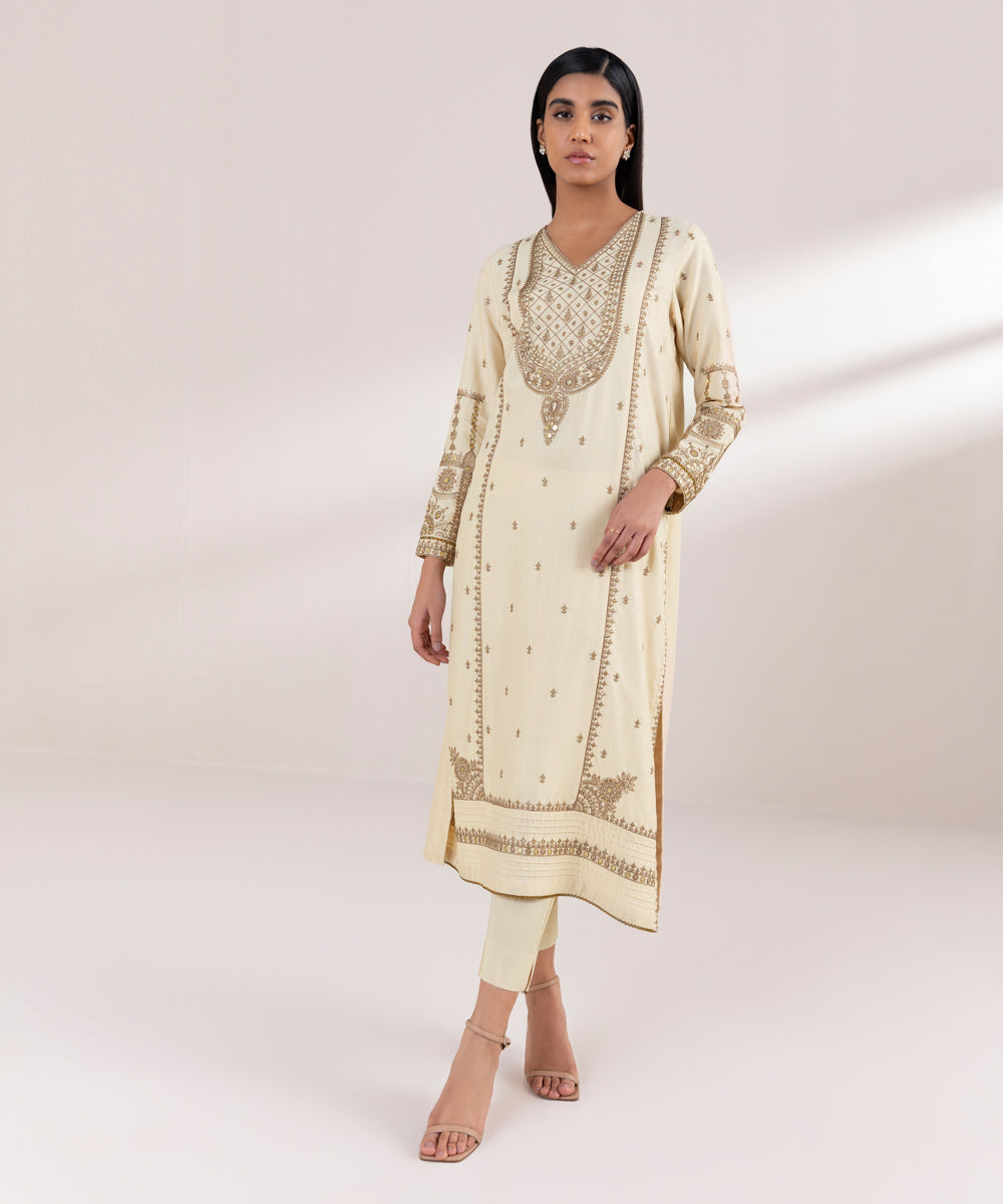 Women's Pret Raw Silk Embroidered Beige Straight Shirt