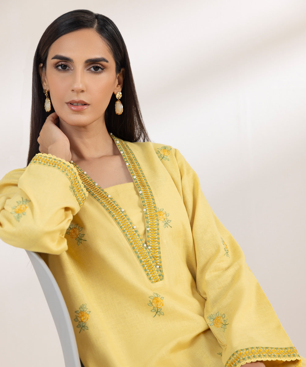 Women's Pret Cotton Linen Embroidered Yellow A-Line Shirt