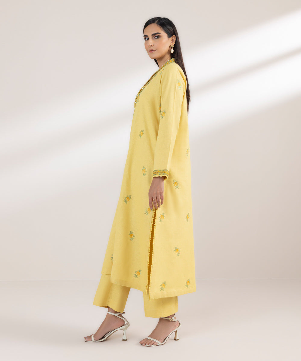 Women's Pret Cotton Linen Embroidered Yellow A-Line Shirt