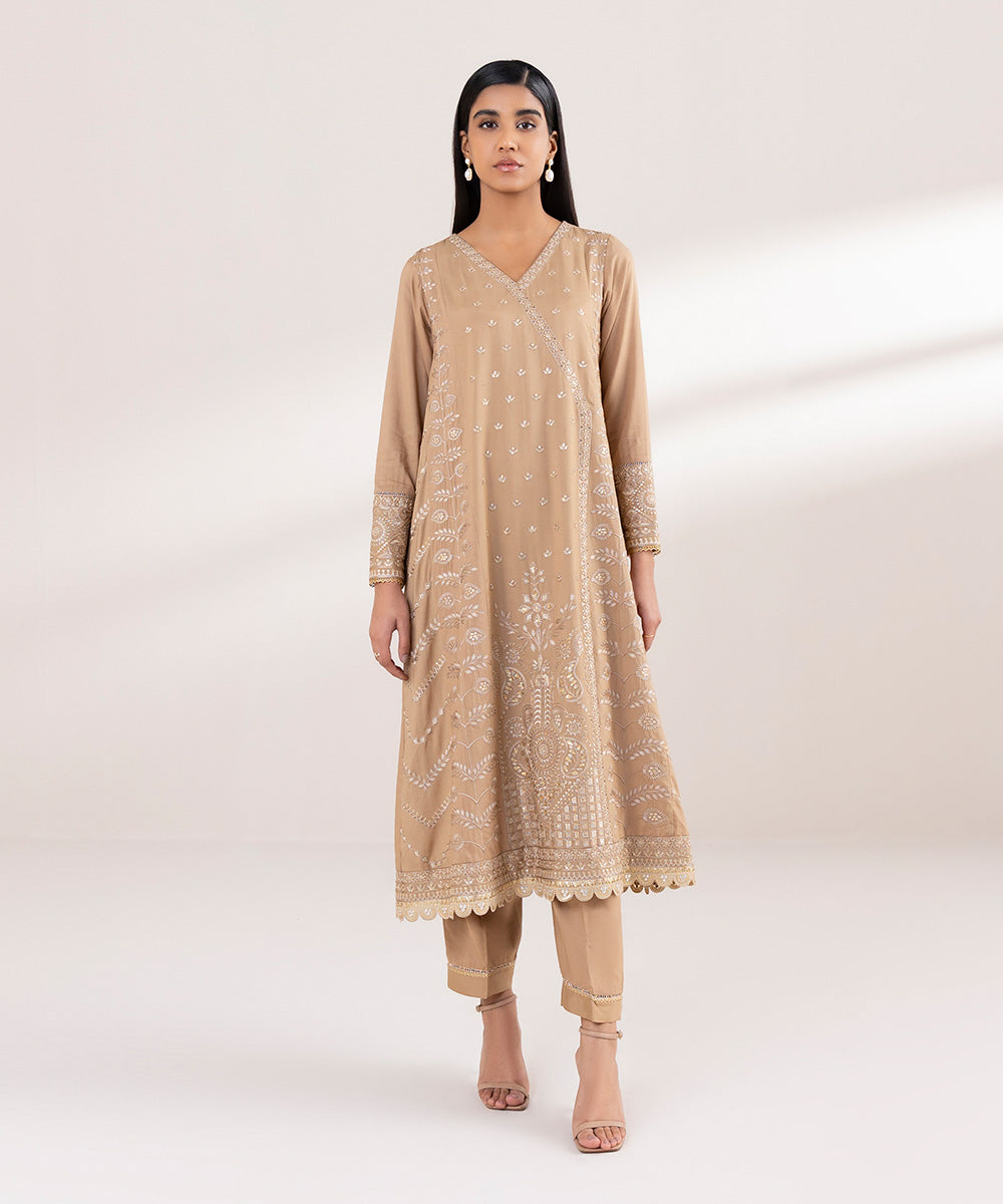 Women's Pret Raw Silk Embroidered Brown A-Line Shirt