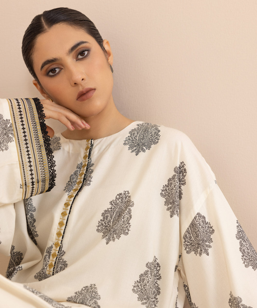 Women's Pret Arabic Lawn White Printed Embroidered Straight Shirt