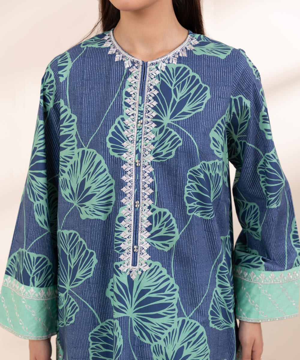 Women's Pret Cambric Embroidered Blue A-Line Shirt