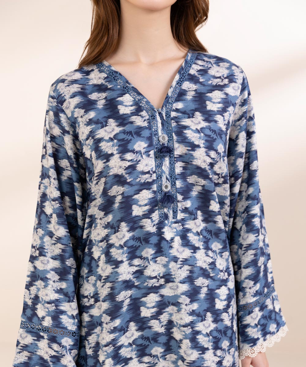 Women's Pret Linen Blue Printed A-Line Shirt