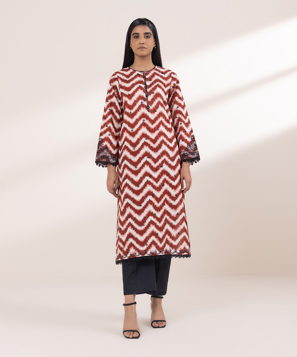 Women's Pret Khaddar Embroidered Red And White A-Line Shirt