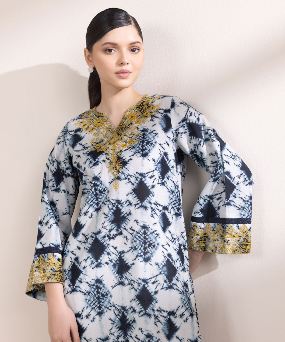 Women's Pret Khaddar Embroidered Grey And Blue A-Line Shirt