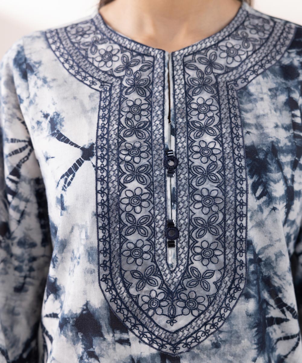 Women's Pret Khaddar Embroidered Grey And Blue A-Line Shirt