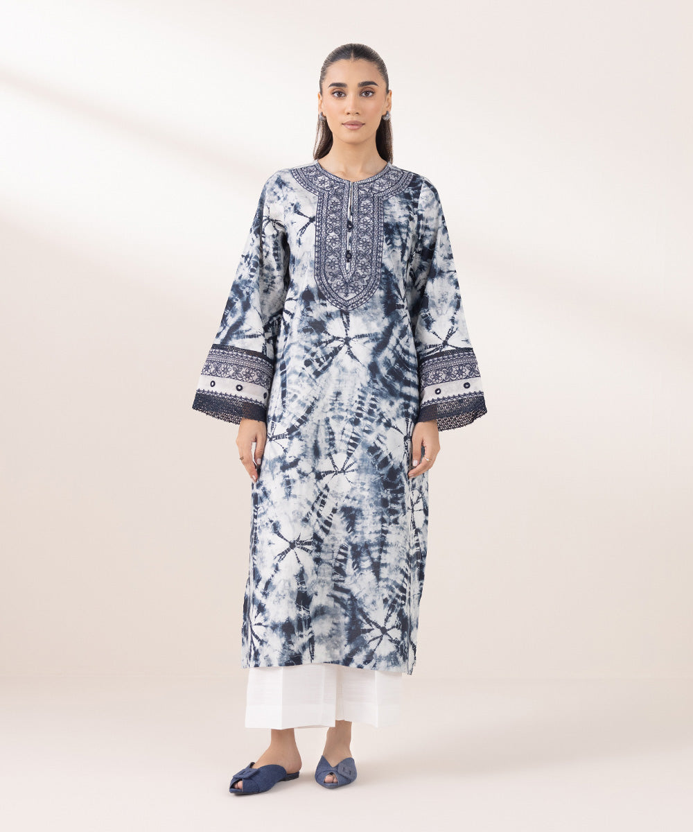 Women's Pret Khaddar Embroidered Grey And Blue A-Line Shirt