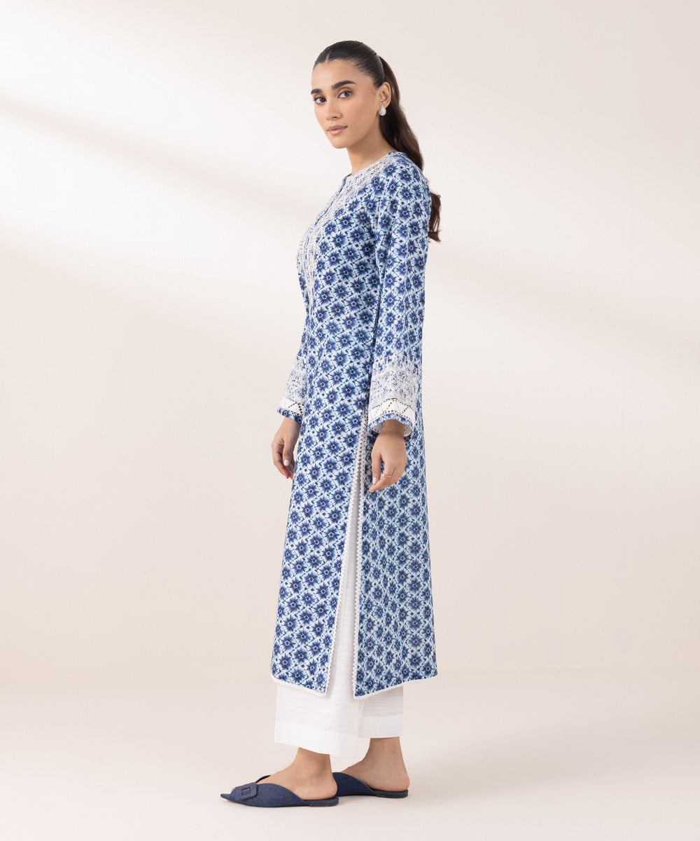 Women's Pret Khaddar Embroidered Ocean Blue A-Line Shirt