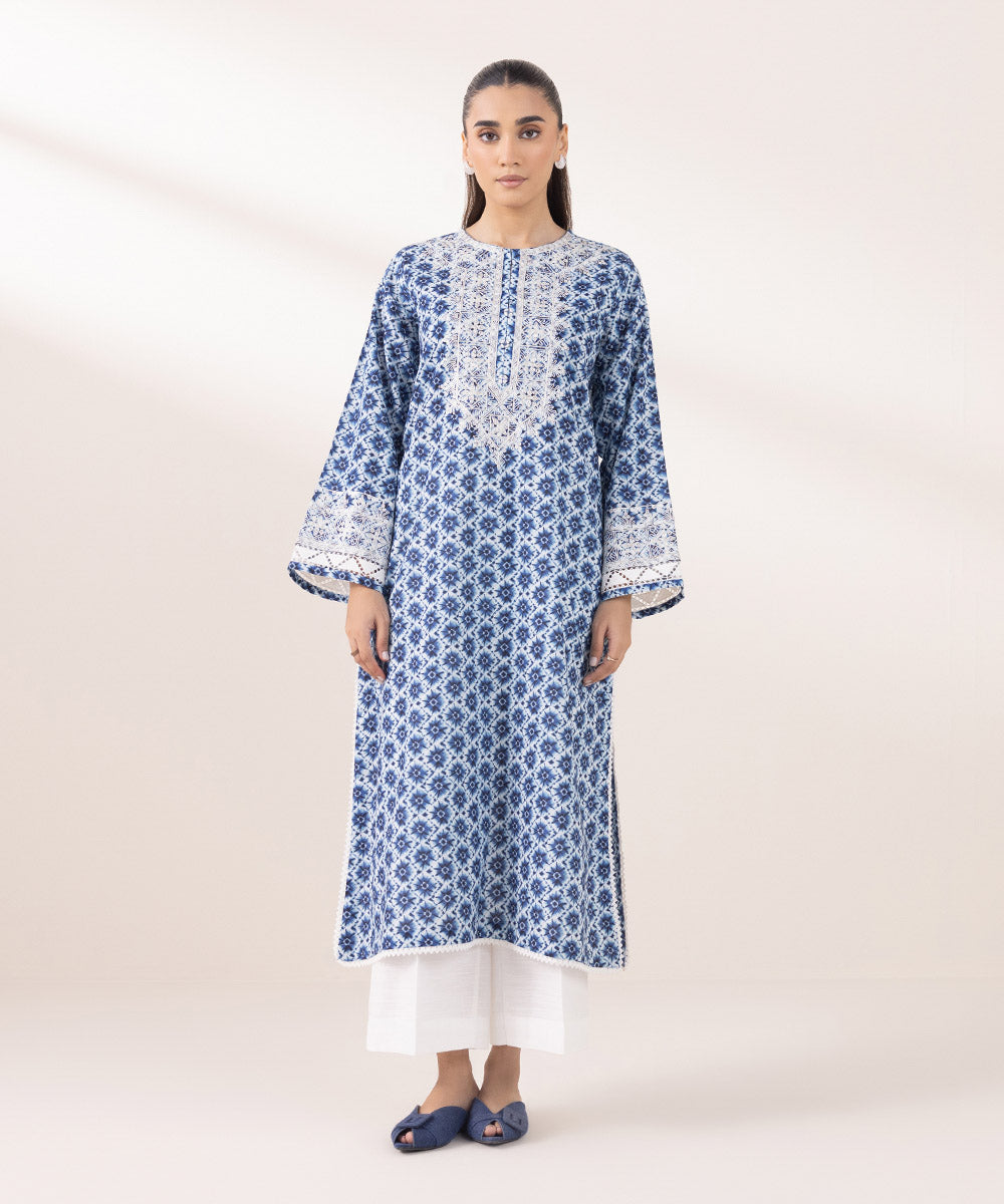 Women's Pret Khaddar Embroidered Ocean Blue A-Line Shirt