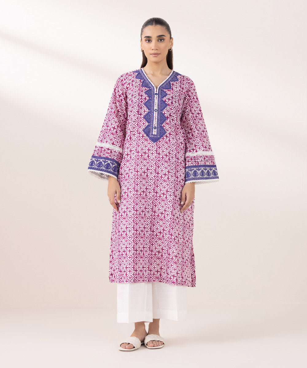 Women's Pret Khaddar Embroidered Plum on White A-Line Shirt