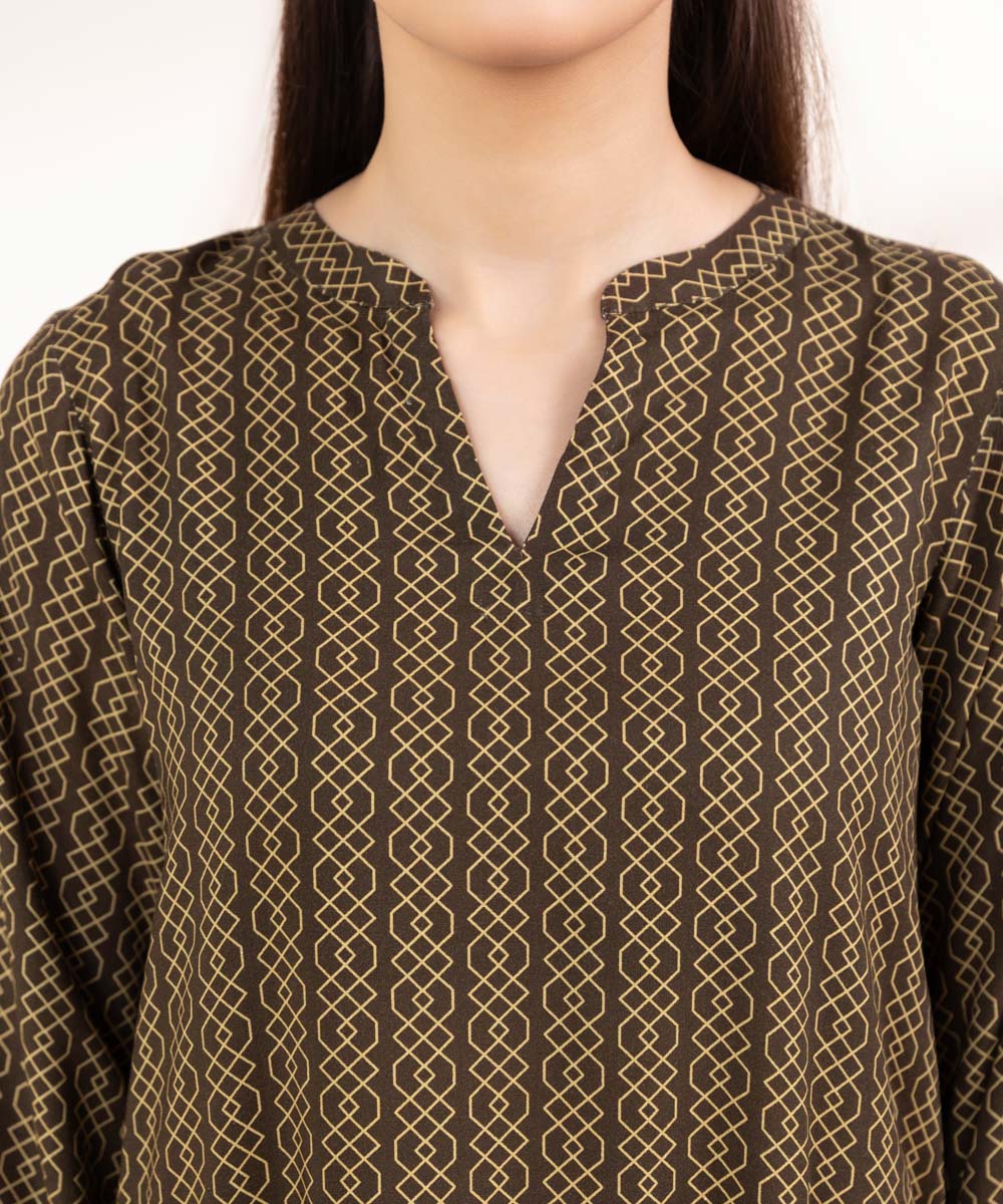 Women's Pret Linen Printed Dark Brown Straight Shirt