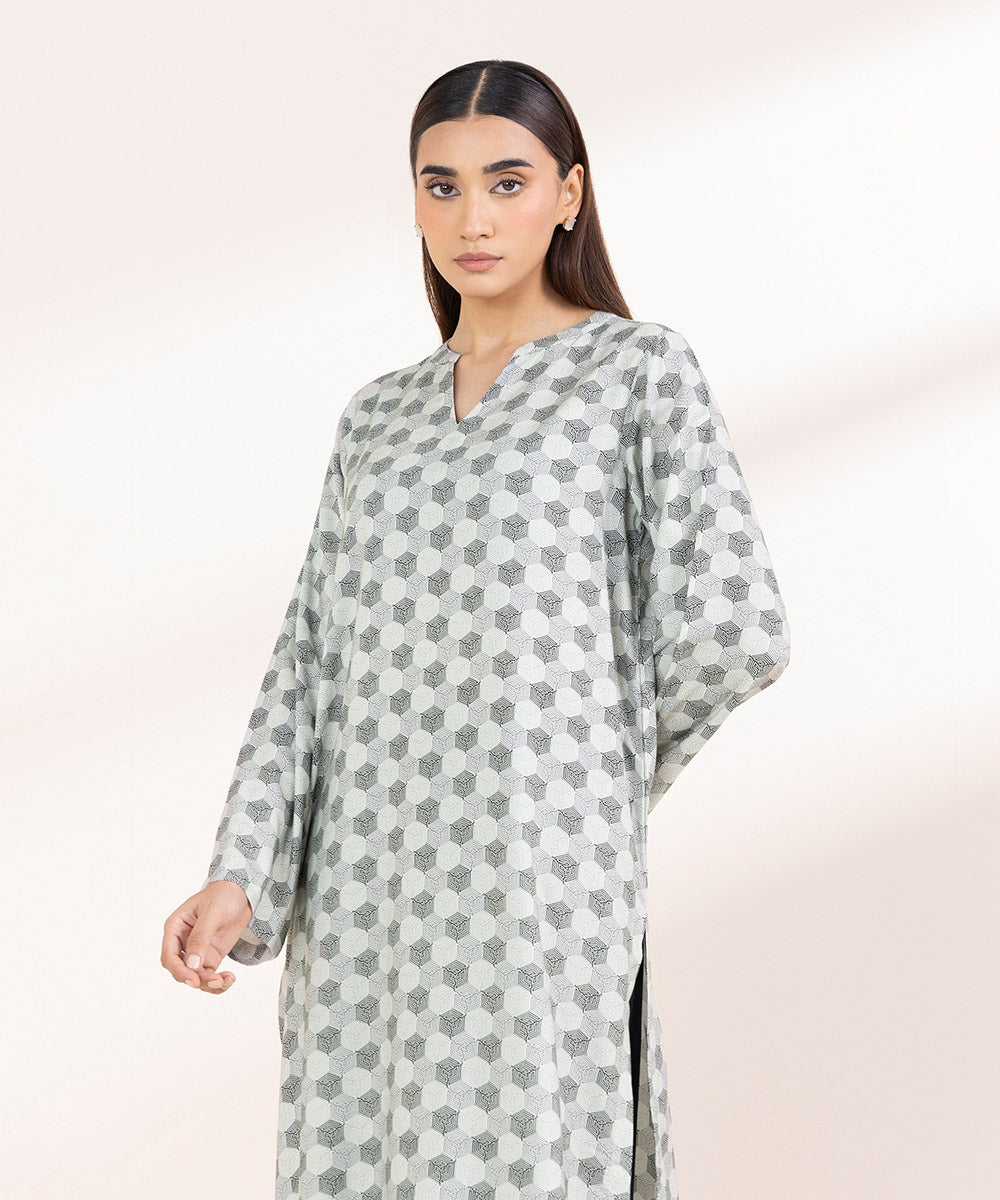 Women's Pret Linen Printed Grey A-Line Shirt