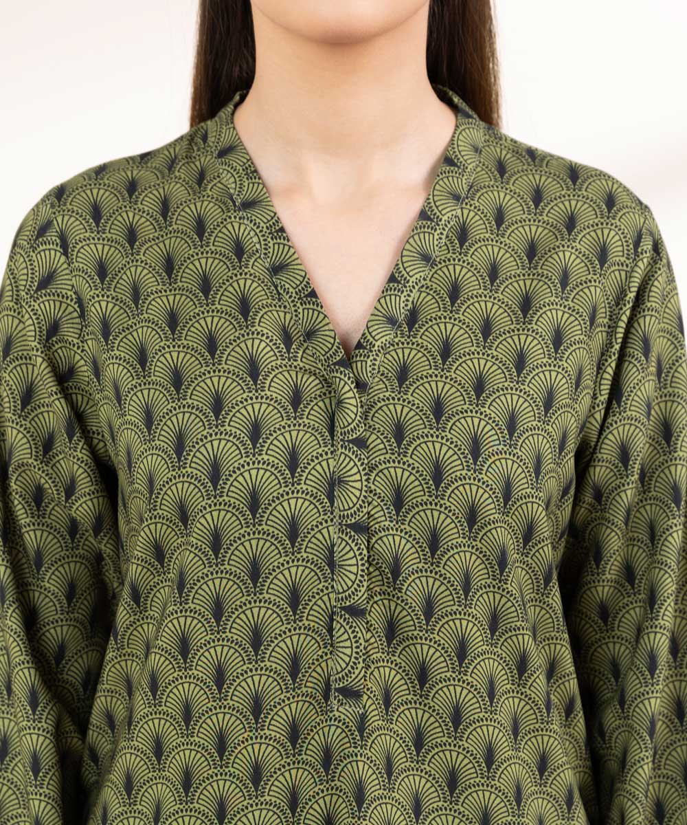 Women's Pret Linen Printed Olive Green Straight Shirt