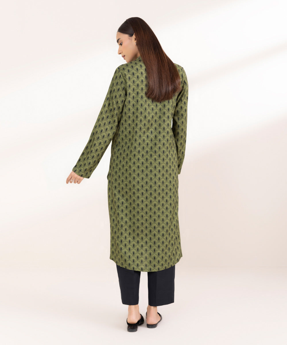 Women's Pret Linen Printed Olive Green Straight Shirt