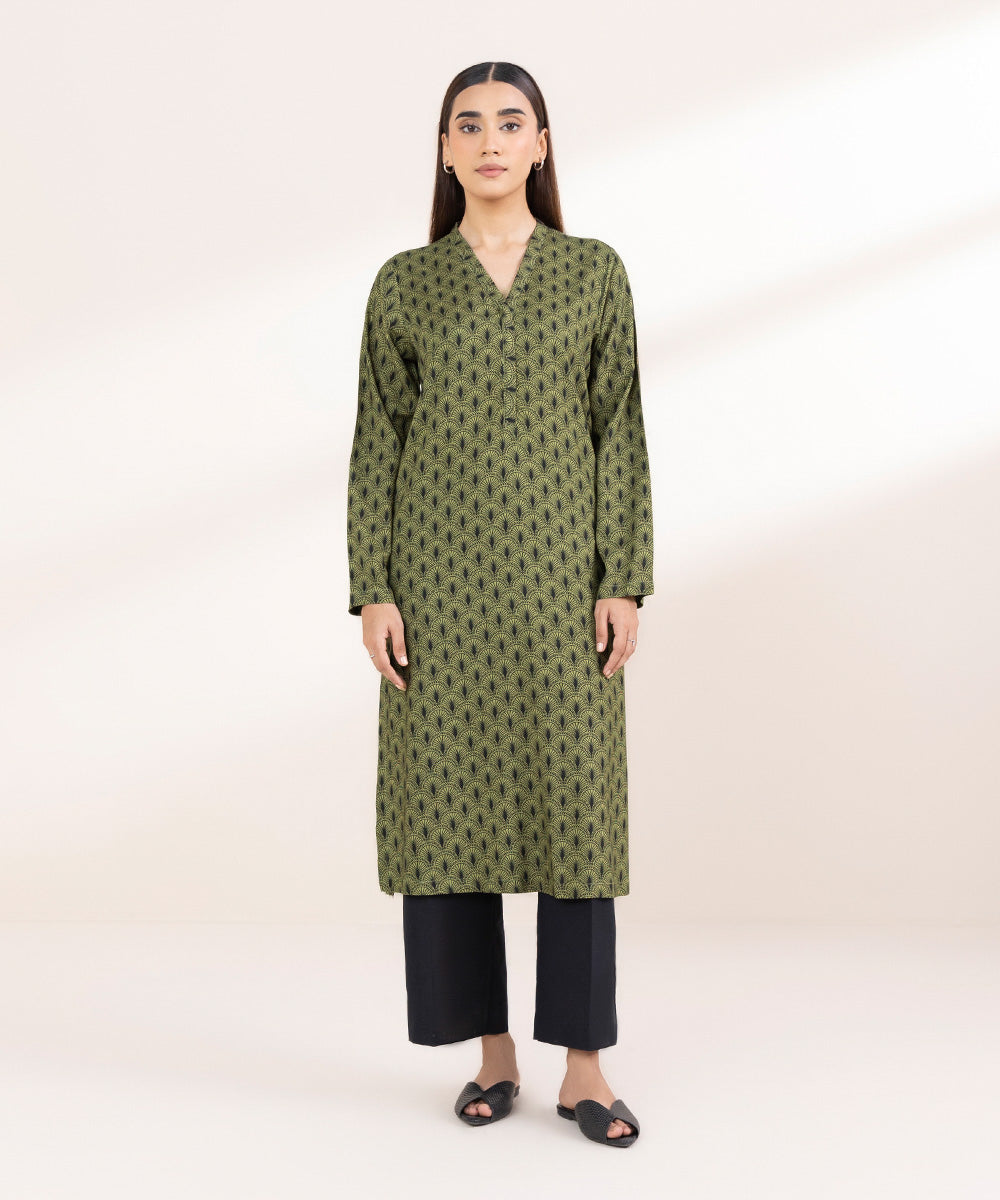 Women's Pret Linen Printed Olive Green Straight Shirt