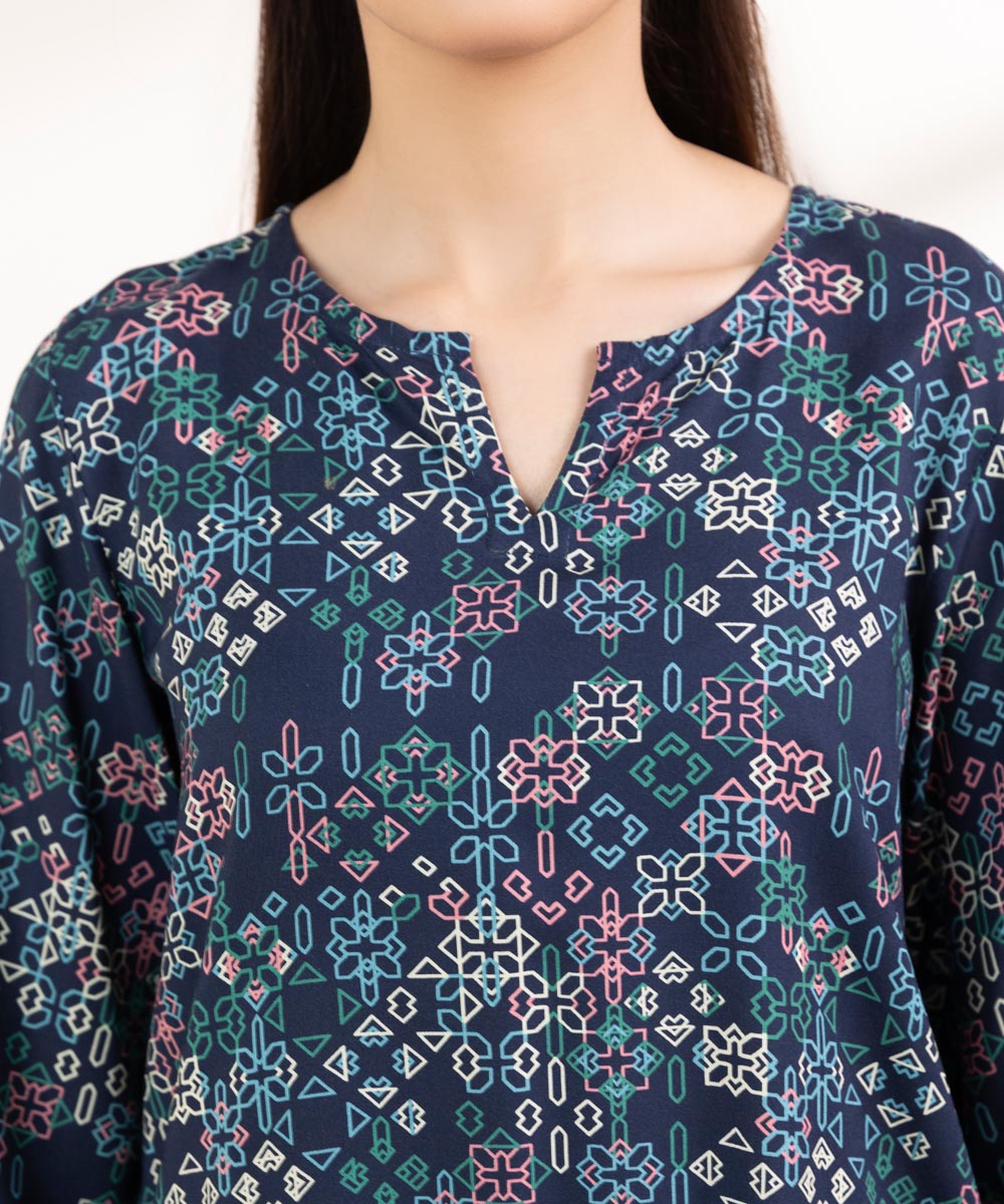 Women's Pret Linen Printed Navy Blue A-Line Shirt