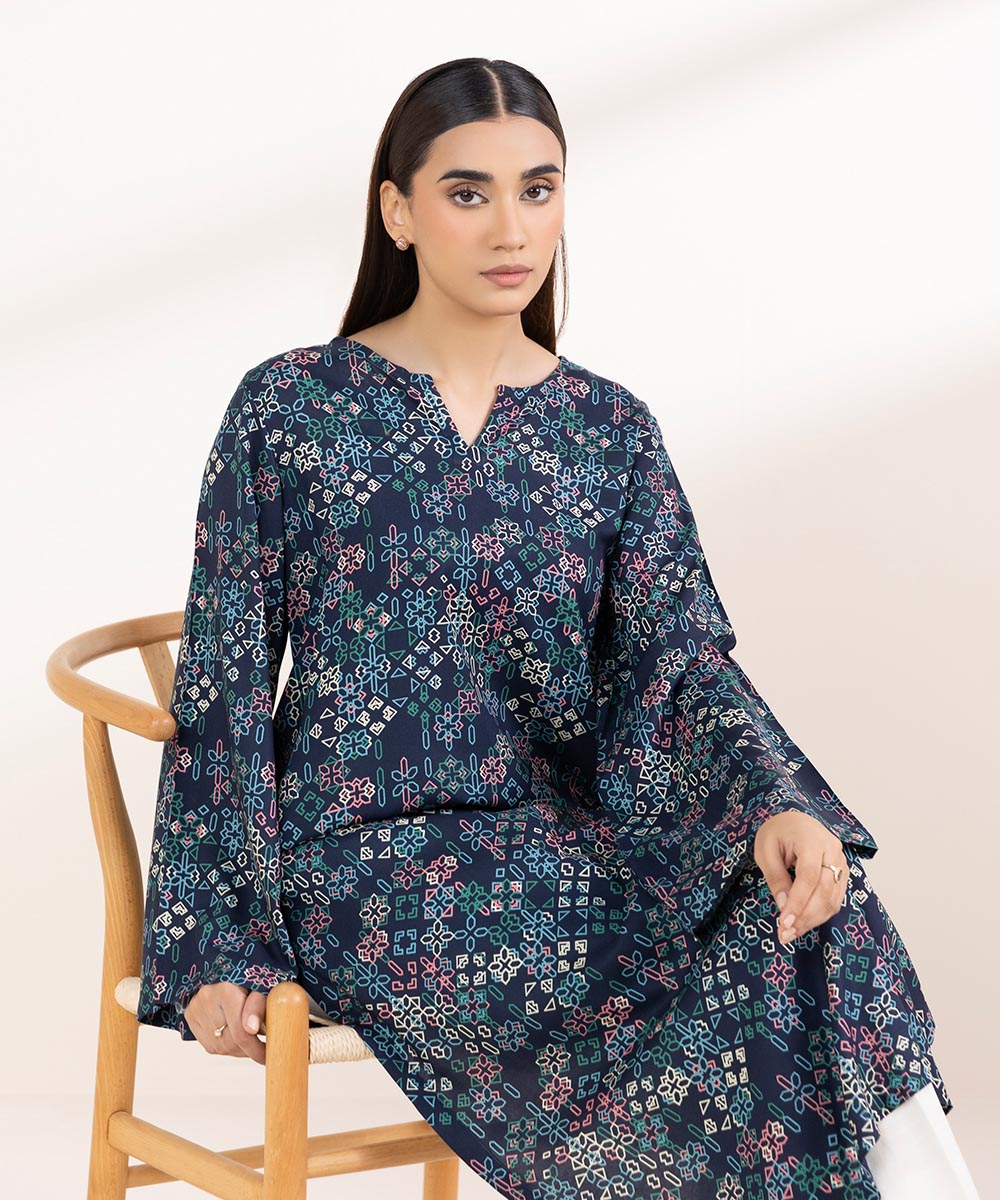 Women's Pret Linen Printed Navy Blue A-Line Shirt