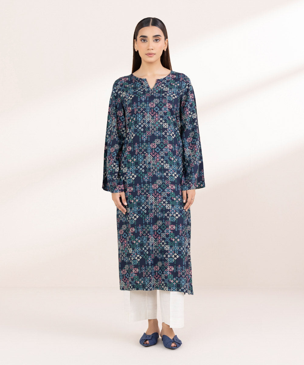 Women's Pret Linen Printed Navy Blue A-Line Shirt