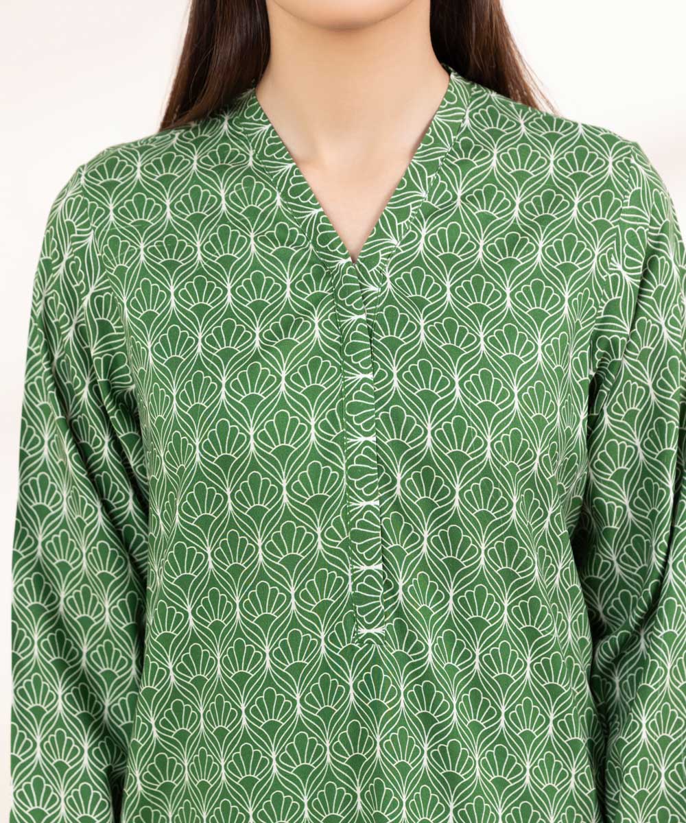 Women's Pret Linen Printed Dark Green A-Line Shirt