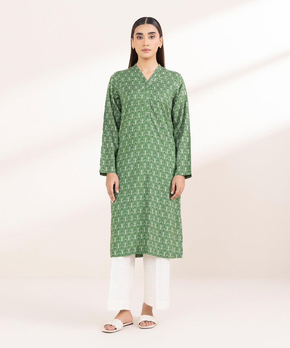 Women's Pret Linen Printed Dark Green A-Line Shirt