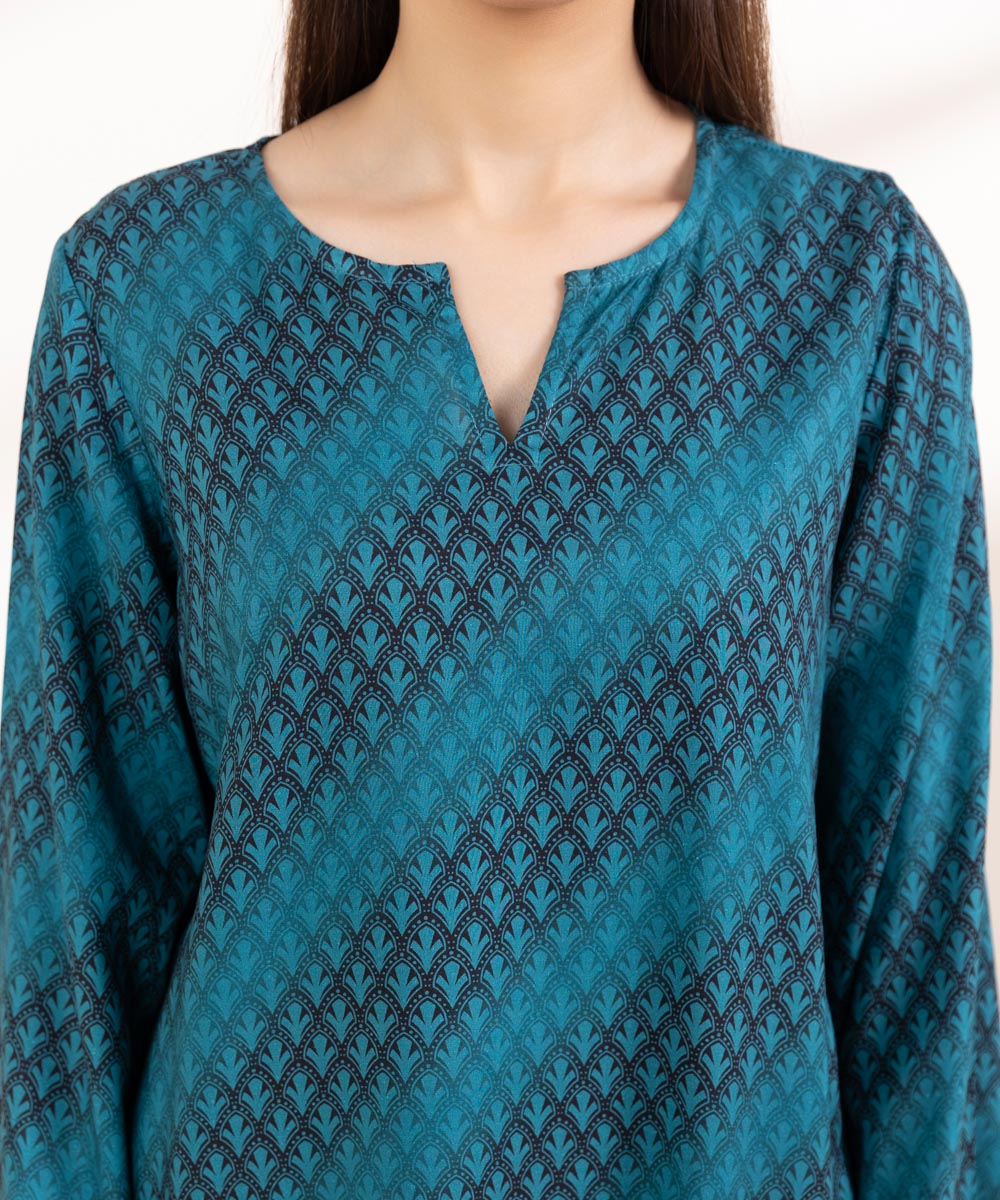 Women's Pret Linen Printed Teal A-Line Shirt