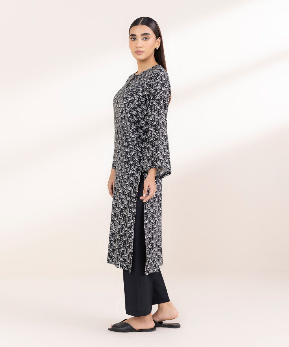 Women's Pret Linen Printed Black Straight Shirt