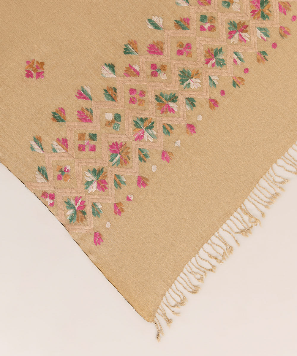 Beige Embroidered Wool Shawl