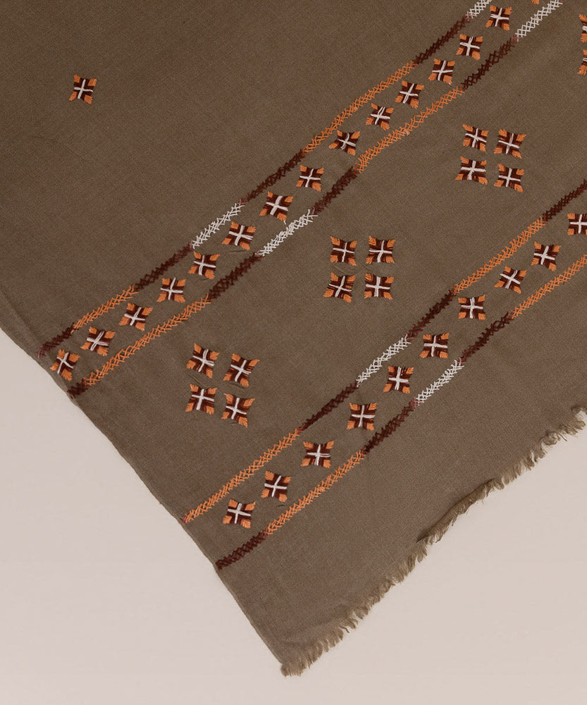 Brown Embroidered Wool Shawl