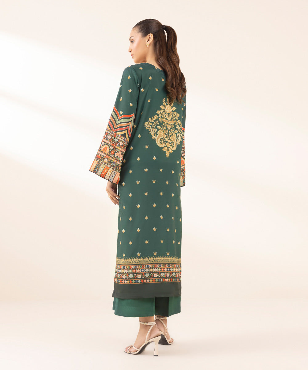 Women's Pret Viscose Raw Silk Green Printed 2 Piece Suit