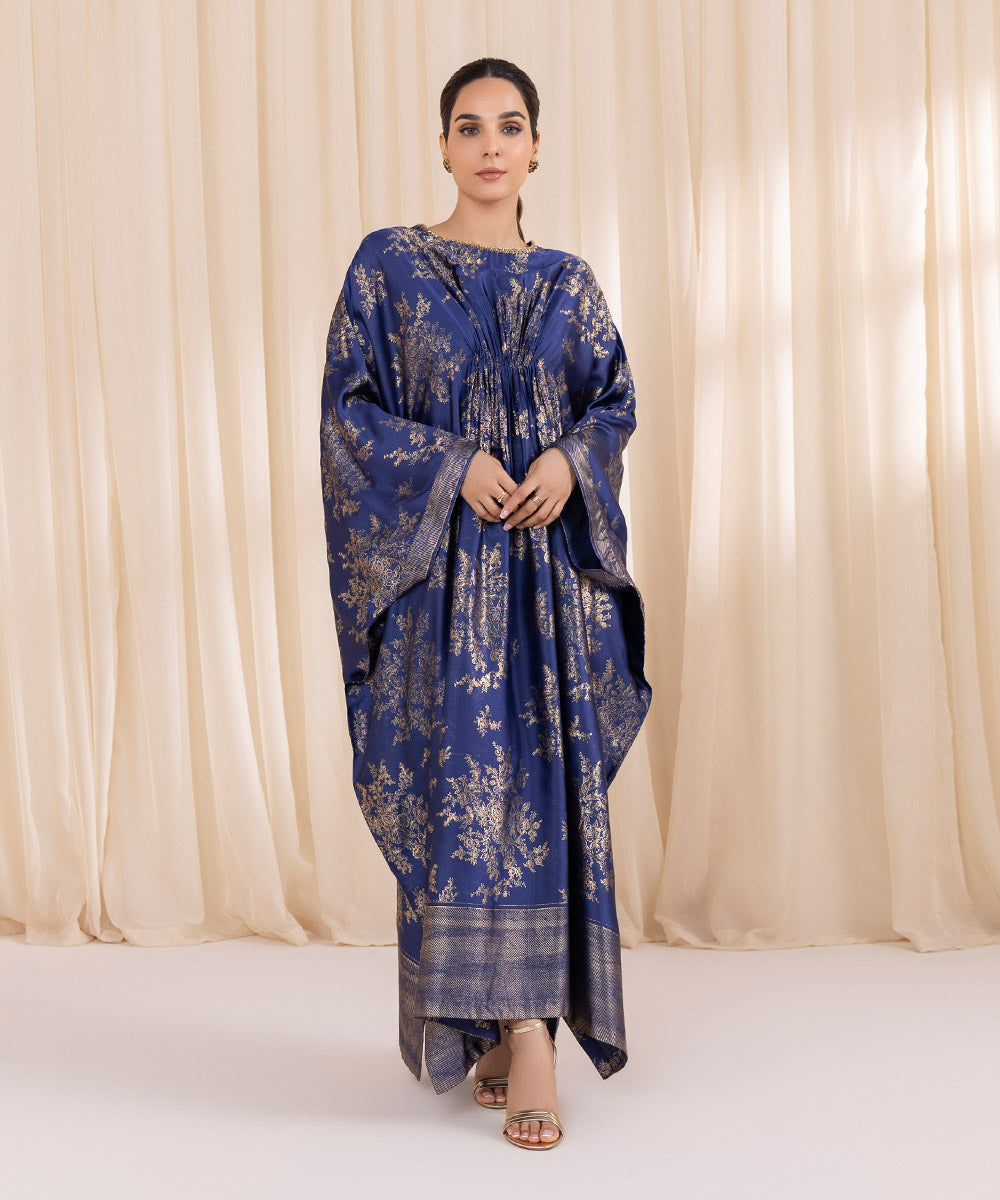 Women's Pret Blended Satin Blue Printed Kaftan 