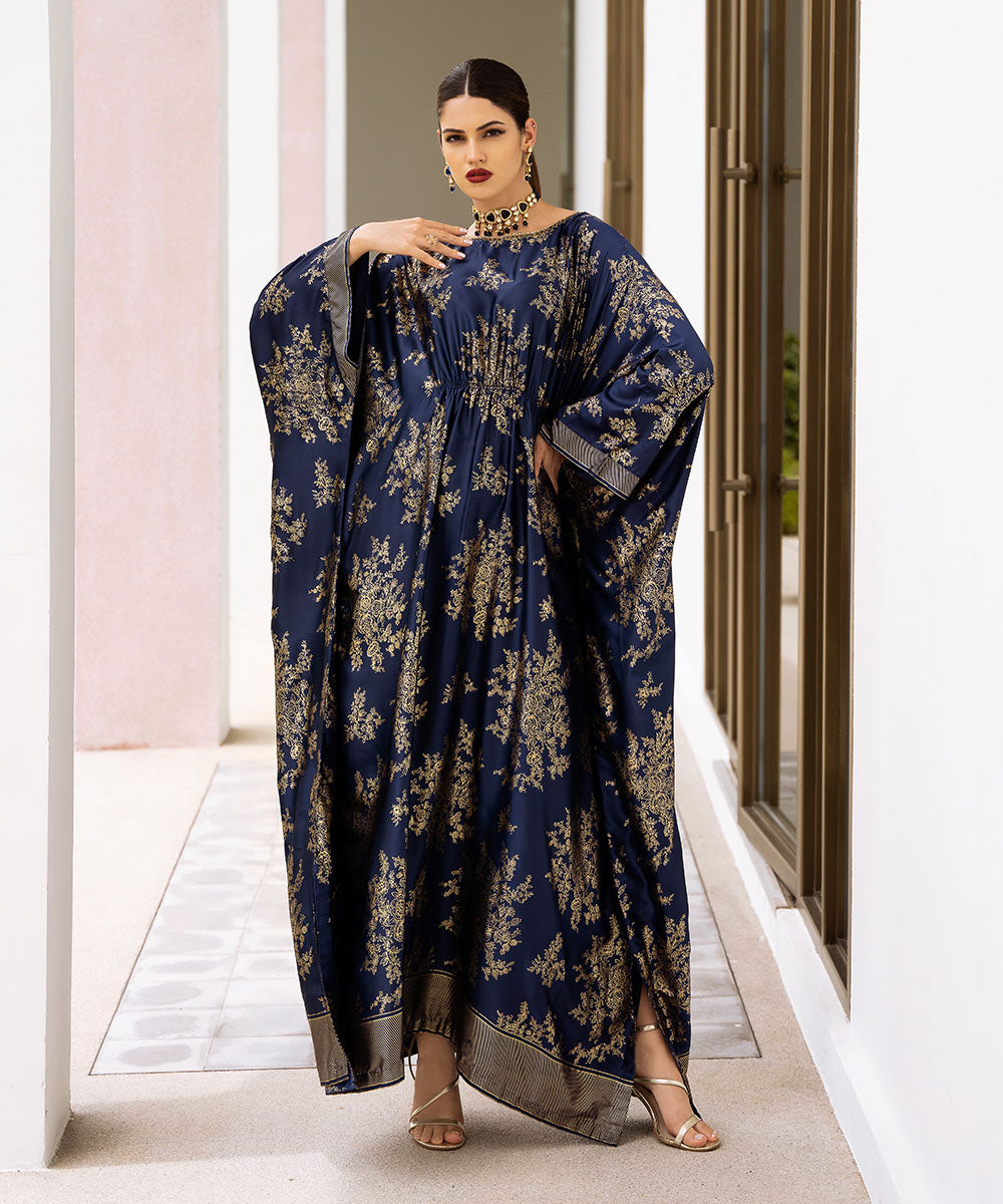 Women's Pret Blended Satin Blue Printed Kaftan 