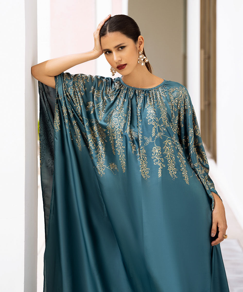 Women's Pret Blended Satin Blue Printed Kaftan 