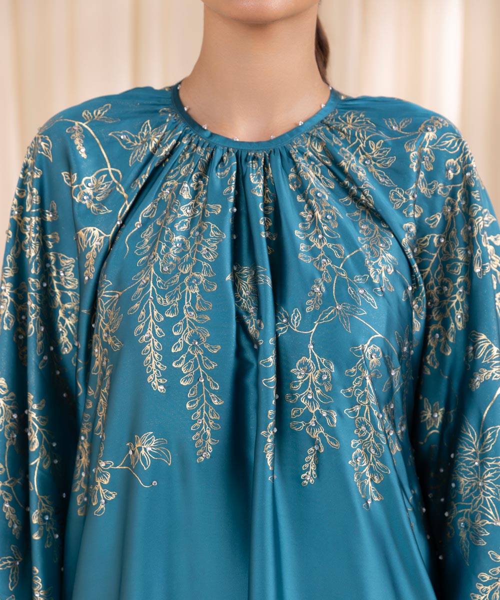 Women's Pret Blended Satin Blue Printed Kaftan 