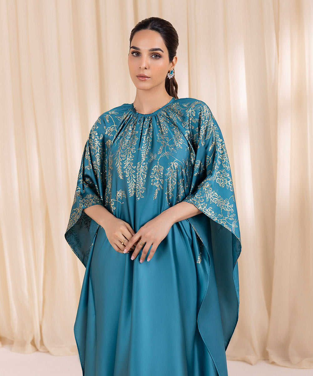 Women's Pret Blended Satin Blue Printed Kaftan 