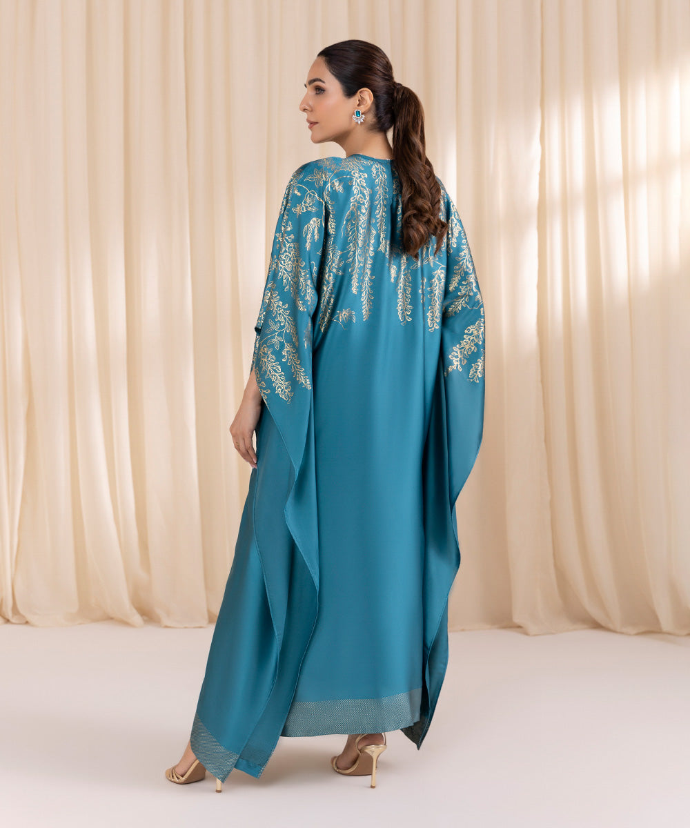 Women's Pret Blended Satin Blue Printed Kaftan 