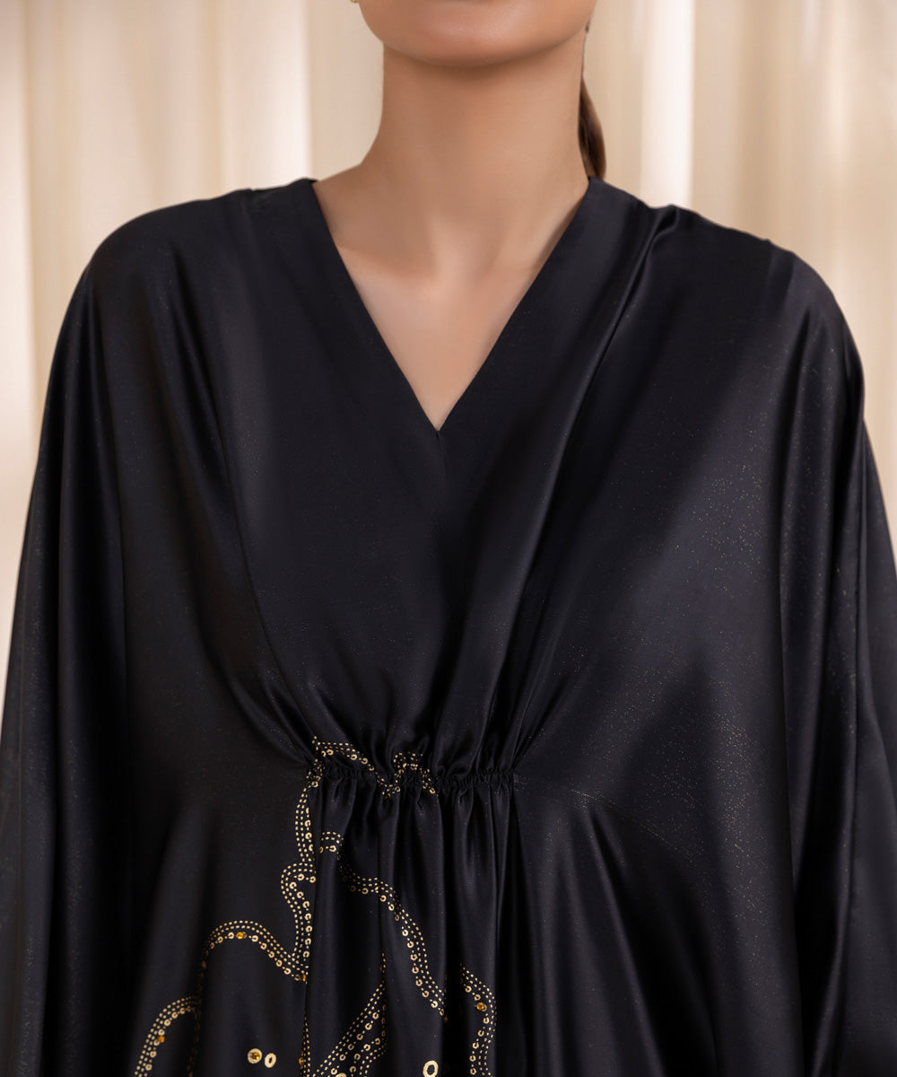 Women's Pret Blended Satin Black Printed Kaftan 